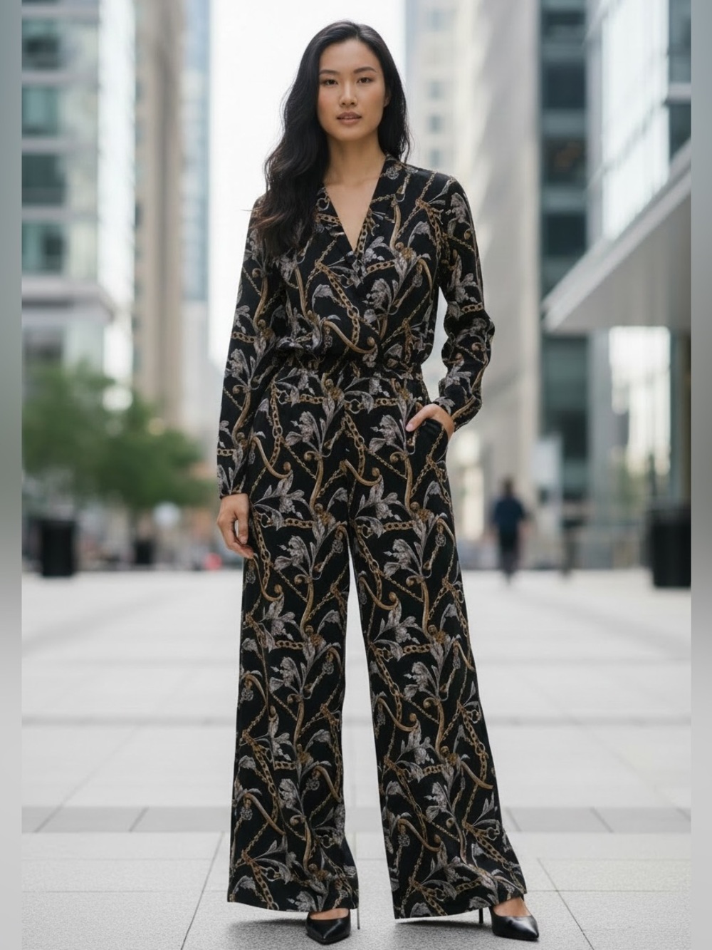 Joseph Ribkoff Palazzo Jumpsuit with Gold & Gray Chain Baroque Print NWT